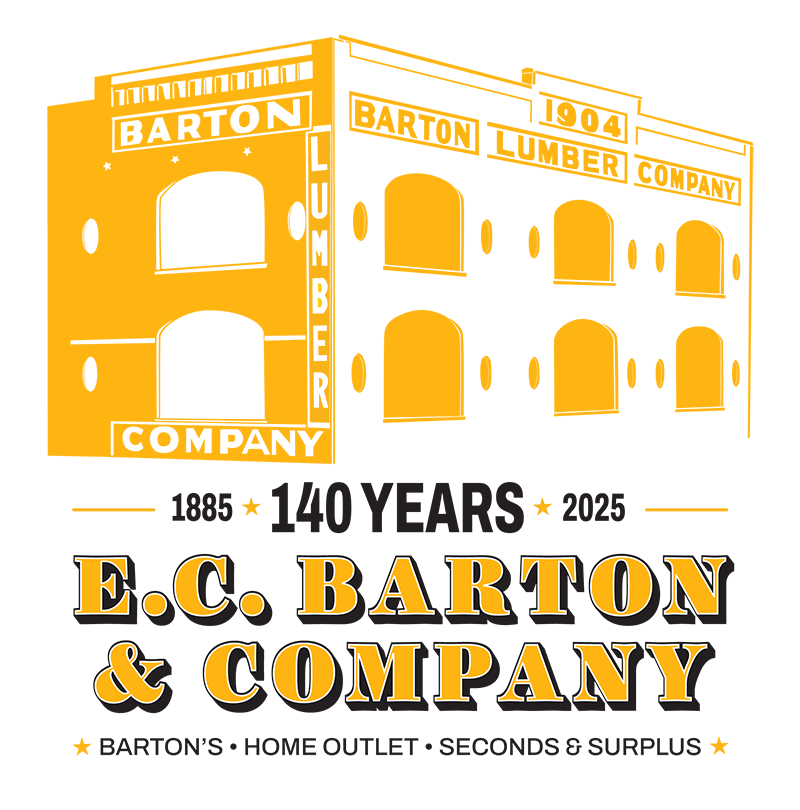 E.C. Barton & Company 140 Year Celebration Logo. It includes an illustration of one of the original buildings.